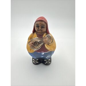 Vintage Chulucanas Peruvian Folk Art Handmade Pottery Figure Playing Mandolin